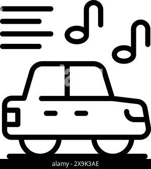 Linear musical drive icon concept with car, music, notes, and entertainment vector elements for vehicle audio system, leisure travel, and modern technology graphic design illustration Stock Vector
