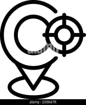 Black and white vector representation of a pinpoint with target crosshairs, symbolizing precise location Stock Vector