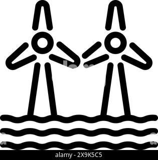 Simplistic vector illustration of two wind turbines operating over water in black and white Stock Vector
