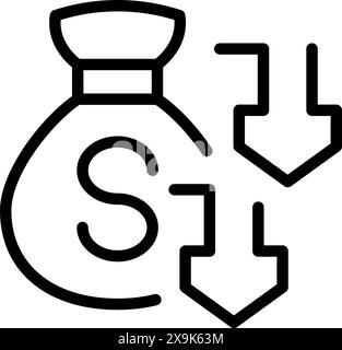 Cost reduction concept icon with downward arrows, money bag, and minimalist design for financial management and budget savings in business investment and economic planning Stock Vector