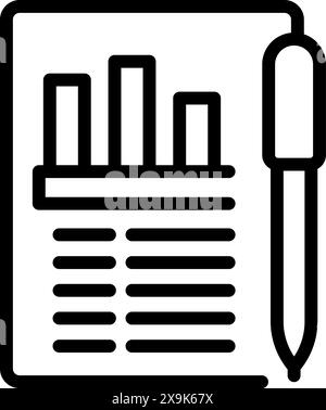 Black line icon of a bar chart on a document with a pen, symbolizing data analysis or report writing Stock Vector