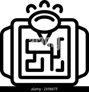 Black line art of a complex maze with a location pin at the center, symbols of problemsolving and navigation Stock Vector