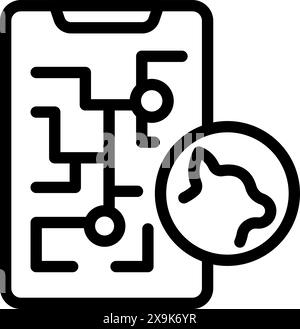 Black and white vector of a maze game on a smartphone screen with a pig icon as the goal Stock Vector