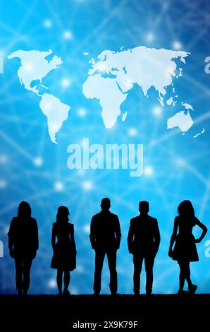 silhouette of people in front of a world map with connections Stock Photo
