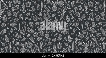 Vegetables and fruits. Seamless hand drawn doodle pattern on dark background. Illustration for background, card, poster, banner, textile print, cover, Stock Vector