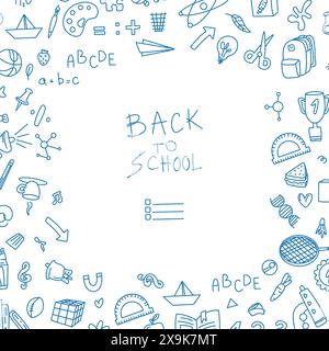 Back to school square text frame in doodle style. Hand drawn set of doodle book elements, education symbols. Framework for social networks. Invitation Stock Vector