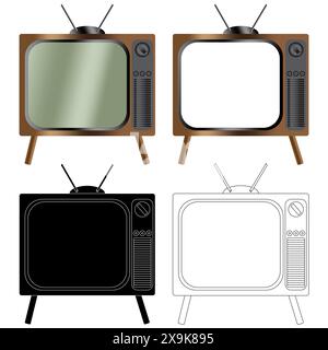 Retro TV with a wooden veneer casing, Vintage Television Set in Colour, Colour with screen knockout to add your own pictures, Black with white outline Stock Vector