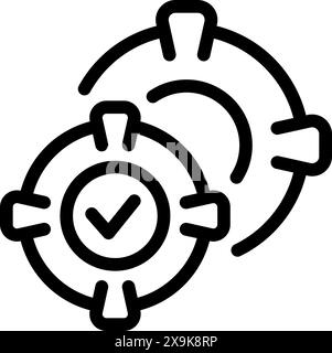 Black line art of two overlapping clocks with a check mark, symbolizing efficient time management Stock Vector