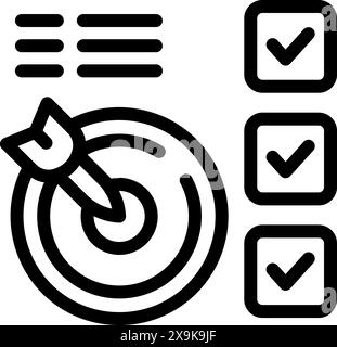 Black and white icon depicting a dart in the center of a target and check marks Stock Vector