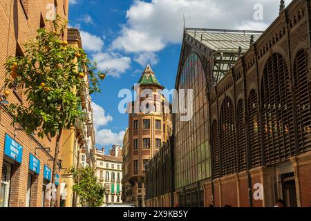 Málaga scenic panoramic skyline view on a sunny day with Mercado Central de Atarazanas, the central market. Malaga, Spain landscape on a sunny day. Stock Photo