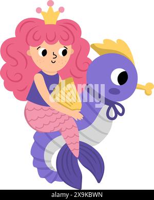Fairy tale vector pink haired mermaid riding seahorse. Fantasy girl isolated on white background. Fairytale sea princess. Cute siren character with pe Stock Vector