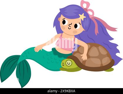 Fairy tale vector mermaid with purple hair sitting with tortoise. Fantasy fish girl isolated on white background. Fairytale sea princess. Cute siren c Stock Vector