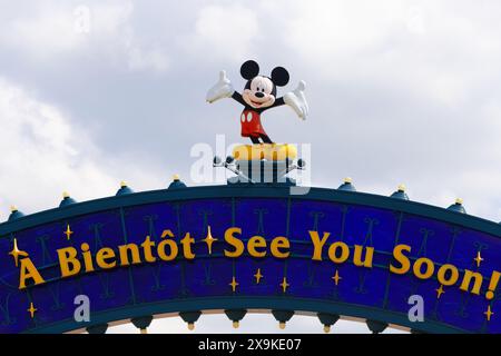 Disneyland Paris Exit Sign . Disneyland Paris is an iconic theme park and resort in the small French town of Chessy. Stock Photo