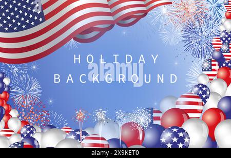 US holiday background with 3D objects. Copy space banner. USA waving flag, realistic balloons and fireworks. Set of elements. Backdrop blank with grap Stock Vector