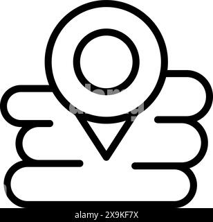 Simple black and white line icon of a location pin superimposed on folded map layers Stock Vector