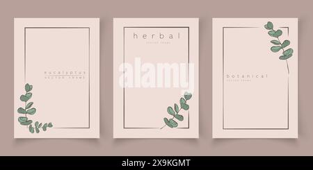 Botanical eucalyptus frame set. Hand drawn round, rectangle, hexagon line border, leaves and flowers for wedding invitation and cards, logo design, so Stock Vector