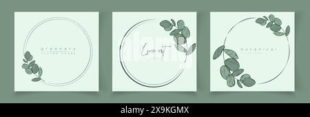 Botanical eucalyptus frame set. Hand drawn round, rectangle, hexagon line border, leaves and flowers for wedding invitation and cards, logo design, so Stock Vector