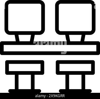 Modern dual computer workstations icon with black and white minimalistic design for professional office environment, featuring ergonomic chairs, double monitors, and organized workspace Stock Vector