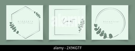 Botanical eucalyptus frame set. Hand drawn round, rectangle, hexagon line border, leaves and flowers for wedding invitation and cards, logo design, so Stock Vector