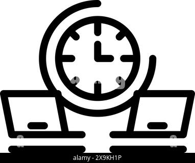 Bold line icon symbolizing efficient time use between two laptops Stock Vector