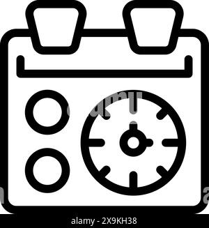 Black and white line art of a calendar combined with a clock symbolizing scheduling and time management Stock Vector