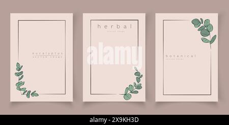 Botanical eucalyptus frame set. Hand drawn round, rectangle, hexagon line border, leaves and flowers for wedding invitation and cards, logo design, so Stock Vector