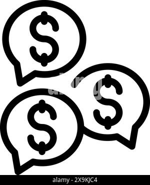 Financial conversation in black and white money talk bubble icons set vector illustration for mobile app and web design, featuring dollar sign, currency symbol, and economic dialogue Stock Vector