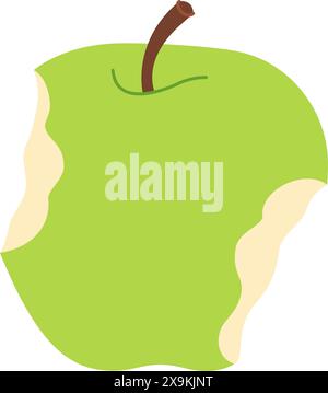 Green apple bitten on both sides. Apple eaten cartoon image art. Hand drawn trendy flat style isolated. Healthy vegetarian snack, bitten fresh apple for design, infographic. Vector illustration Stock Vector