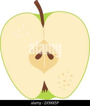 Green apple cut in half. One piece of green fruit with seeds. Apple half icon. Hand drawn Trendy flat style Isolated Vector illustration Stock Vector