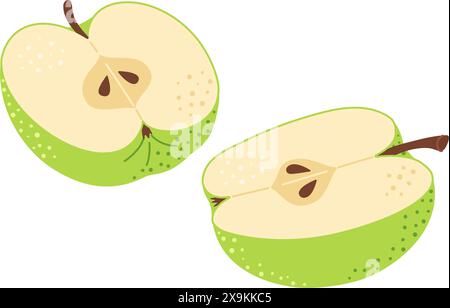 Green apple cut in half. Two pieces of green fruit with seeds. Apple half icon. Hand drawn Trendy flat style Isolated Vector illustration Stock Vector