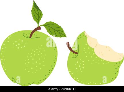 Green apple. Whole apple and bitten apple. Apple eaten cartoon image art. Hand drawn trendy flat style isolated. Healthy vegetarian snack, bitten apple for design, infographic. Vector illustration Stock Vector