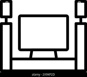 Minimalist black line illustration of a desktop computer with speakers on a white background Stock Vector
