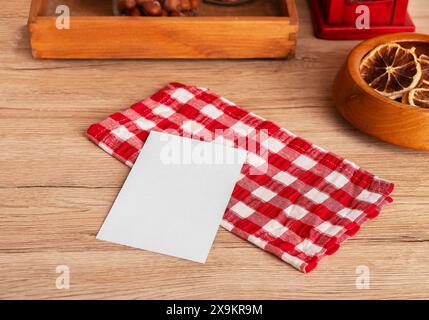 Blank card mockup on table. Business kitchen for wedding dinner food. Menu template with paper restaurant brand. Place elegant white background design Stock Photo