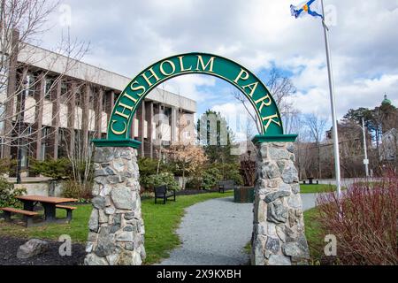 Welcome to Chisholm Park sign in downtown Antigonish, Nova Scotia, Canada Stock Photo