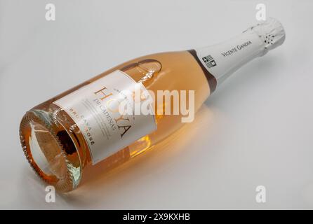 Kyiv, Ukraine - May 19, 2024: Studio shoot of Spanish Hoya de Cadenas cava brut rose bottle closeup against white background. Stock Photo
