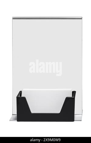 Vertical shot of a counter top business card holder with blank sign and cards. Stock Photo