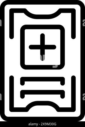 Black and white line art illustration of a medical prescription pad with a plus symbol Stock Vector