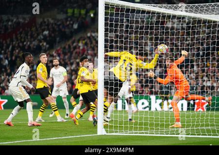 Real Madrid's Daniel Carvajal scores the opening goal of the game during the UEFA Champions League final at Wembley Stadium in London. Picture date: Saturday June 1, 2024. Stock Photo