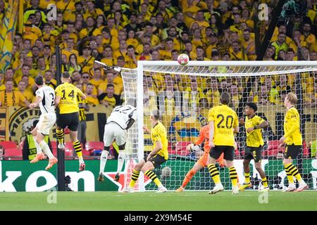 Real Madrid's Daniel Carvajal (left) scores the opening goal of the game during the UEFA Champions League final at Wembley Stadium in London. Picture date: Saturday June 1, 2024. Stock Photo