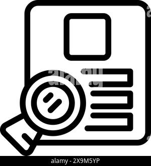Black line icon illustration of a magnifying glass over a document, symbolizing search or review Stock Vector