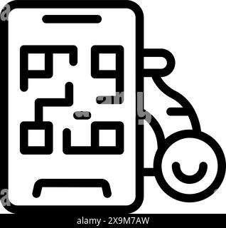Outline vector icon of a smartphone displaying a qr code, with a shopping cart symbol Stock Vector