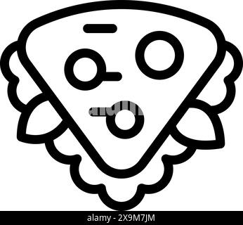 Black and white line art icon representing a pizza slice with toppings Stock Vector