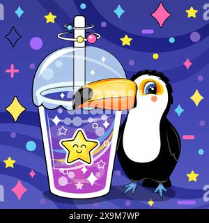 A cute cartoon toucan with a big drink. Night vector illustration of an animal on a dark blue background with stars. Stock Vector