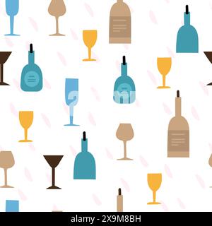 seamless pattern of coloured flat wineglasses and bottles on white background Stock Vector