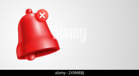 Red bell with an X icon notification sign, indicating a rejection or alert status on a plain white background, vector banner with copy space. Stock Vector