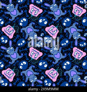 Halloween monsters seamless bunnies and pumpkins and skulls pattern for wrapping paper and fabrics and linens and kids clothes print and autumn party Stock Photo