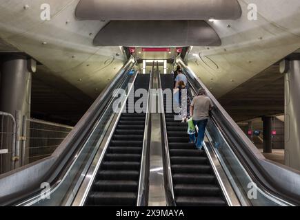 Automated staircase towards the platforms of the Ghent Railway station, Ghent, Belgium, 13 June 2020 Stock Photo