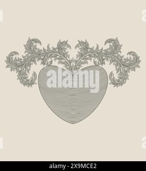 Heart with floral ornament scroll decoration, Vintage engraving drawing style illustration Stock Vector