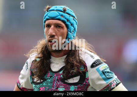 Cardiff, UK. 01st June, 2024. Justin Tipuric of the Ospreys looks on. United Rugby Championship, Cardiff Rugby v Ospreys, Judgement day at the Cardiff City Stadium in Cardiff, South Wales on Saturday 1st June 2024. pic by Andrew Orchard/Alamy Live news Stock Photo