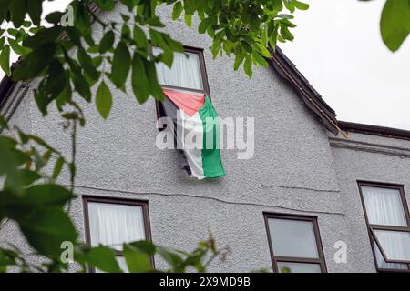 London, UK. 1 June 2024. Palestinian flag out of a window  in Ilford North represented in the House of Commons of the UK Parliament since 2015 by Wes Streeting of the Labour Party.Horst Friedrichs /Alamy Live News Stock Photo